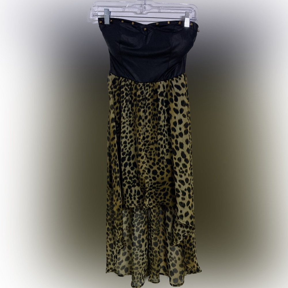 Profile - Asymmetrical Faux Leather and Leopard Print Strapless Dress